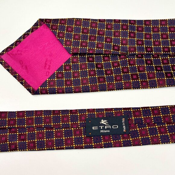 Etro Burgundy and Gold Geometric Patterned Silk Tie - Picture 9 of 10